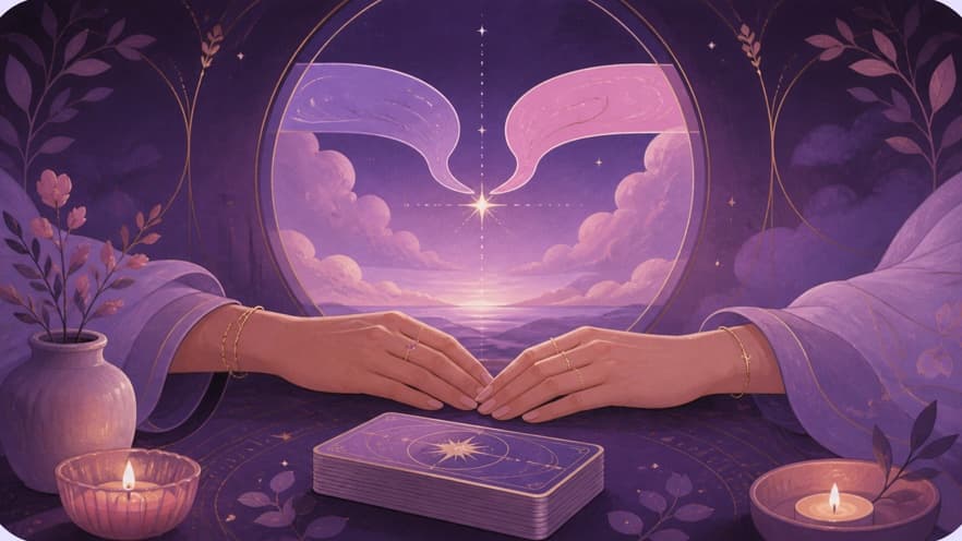 A quiet illustrated conversation scene in Mystra's lavender palette