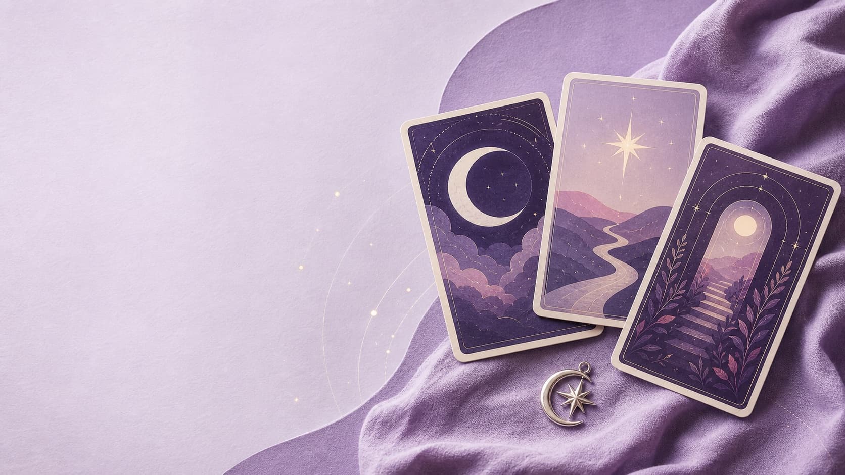 Three lavender tarot cards arranged on a soft cloth