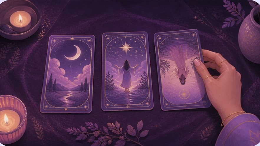Three tarot cards laid on a violet reading cloth
